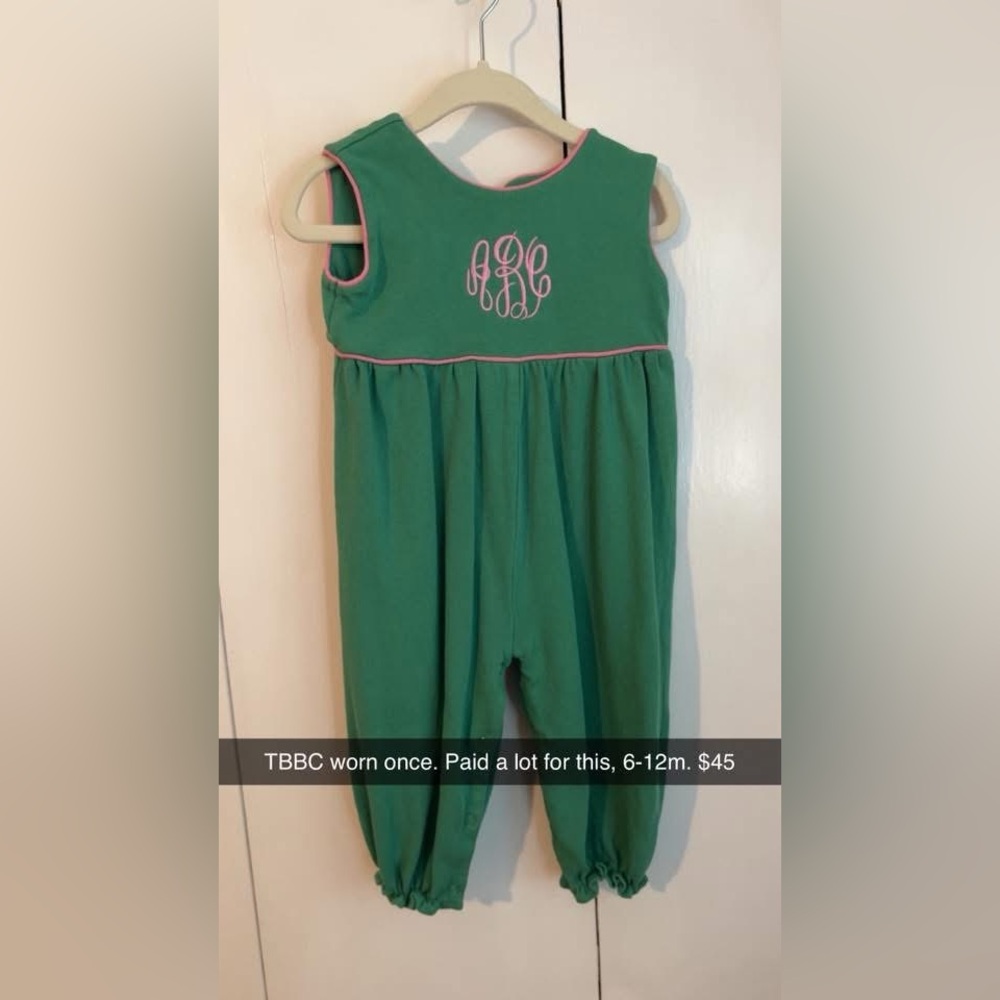 The Beaufort Bonnet Company Green Romper with Pink Trim